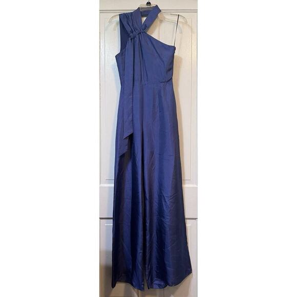 NWT Elliatt Anthropologie Waterside Blue Silk Jumpsuit One Shoulder Size Small - Picture 2 of 16